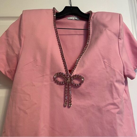 Area Crystal Bow V-Neck Ponte Knit T-Shirt Minidress - Picture 3 of 5